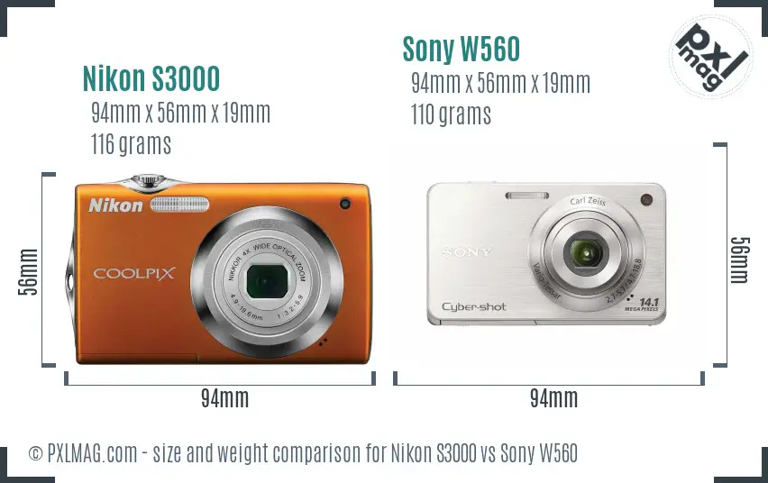 Nikon S3000 vs Sony W560 size comparison