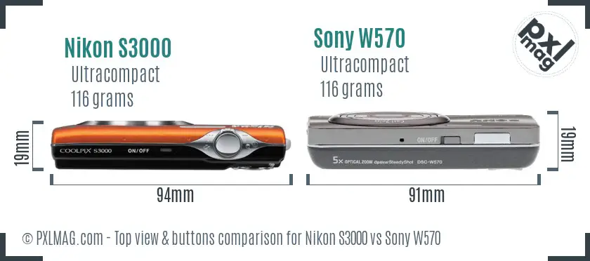 Nikon S3000 vs Sony W570 top view buttons comparison