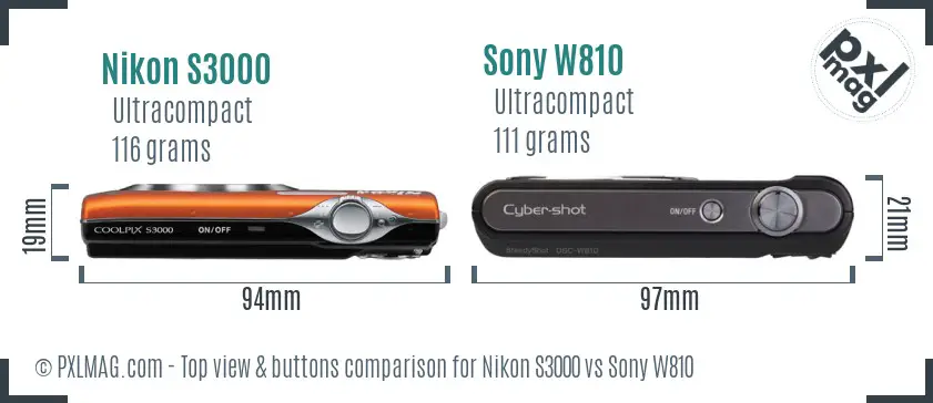Nikon S3000 vs Sony W810 top view buttons comparison Nikon S3000 vs Sony W810 top view buttons comparison
