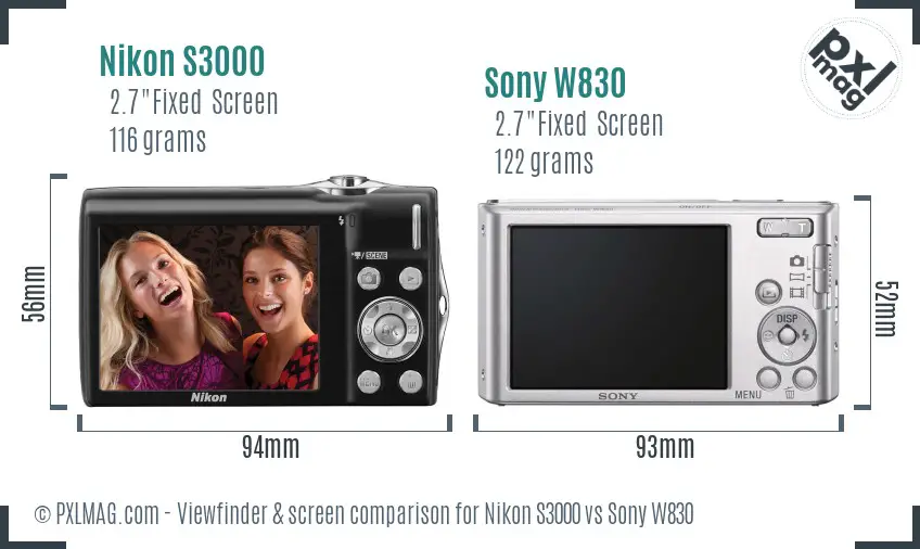 Nikon S3000 vs Sony W830 Screen and Viewfinder comparison