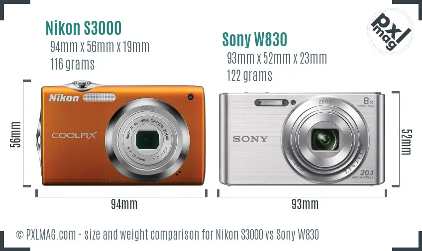 Nikon S3000 vs Sony W830 size comparison