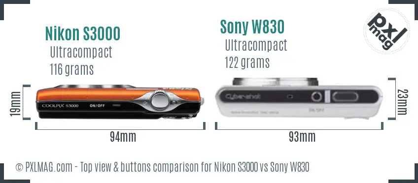 Nikon S3000 vs Sony W830 top view buttons comparison