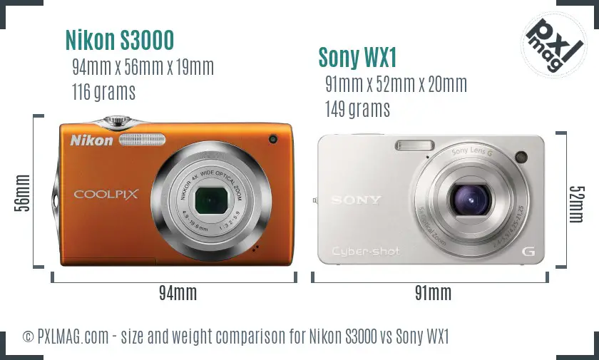 Nikon S3000 vs Sony WX1 size comparison