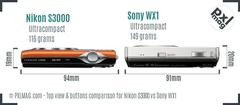 Nikon S3000 vs Sony WX1 top view buttons comparison