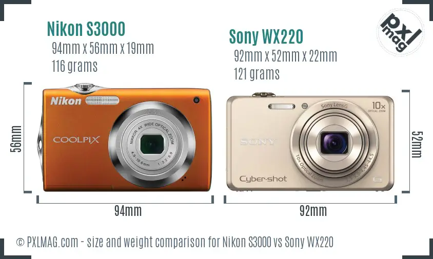 Nikon S3000 vs Sony WX220 size comparison