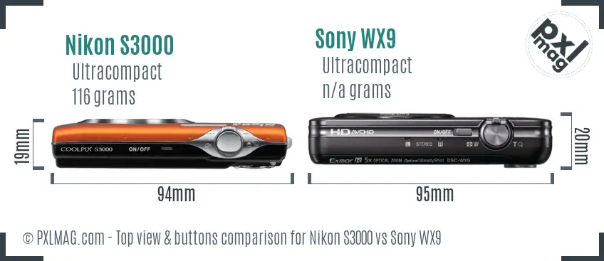 Nikon S3000 vs Sony WX9 top view buttons comparison