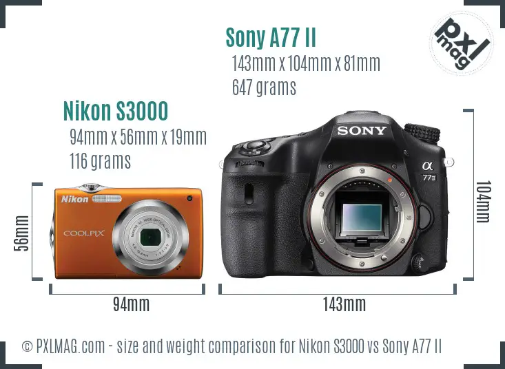 Nikon S3000 vs Sony A77 II size comparison