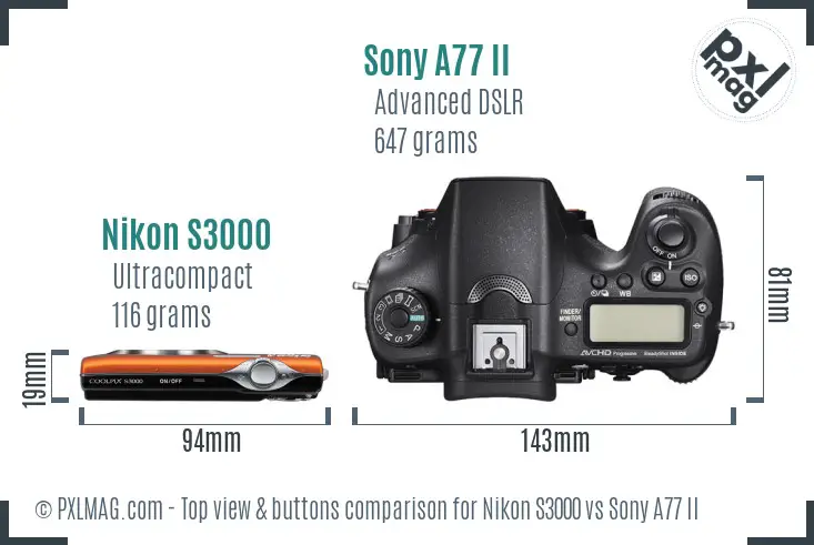 Nikon S3000 vs Sony A77 II top view buttons comparison
