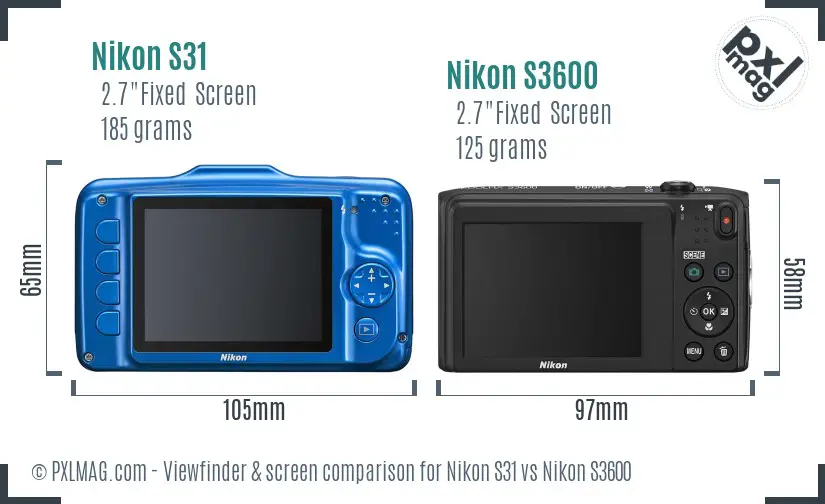 Nikon S31 vs Nikon S3600 Screen and Viewfinder comparison