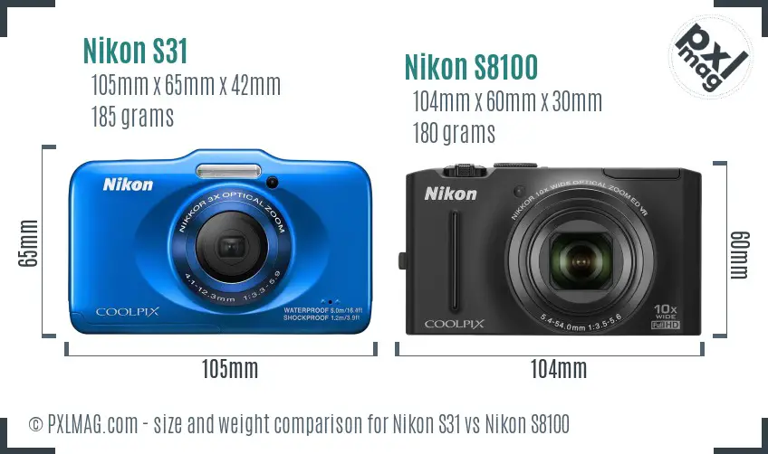 Nikon S31 vs Nikon S8100 size comparison
