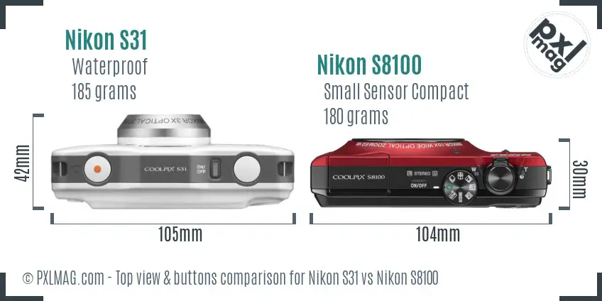 Nikon S31 vs Nikon S8100 top view buttons comparison