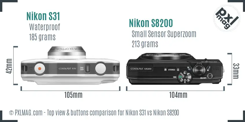 Nikon S31 vs Nikon S8200 top view buttons comparison Nikon S31 vs Nikon S8200 top view buttons comparison