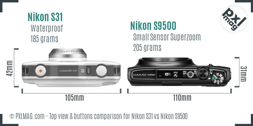 Nikon S31 vs Nikon S9500 top view buttons comparison