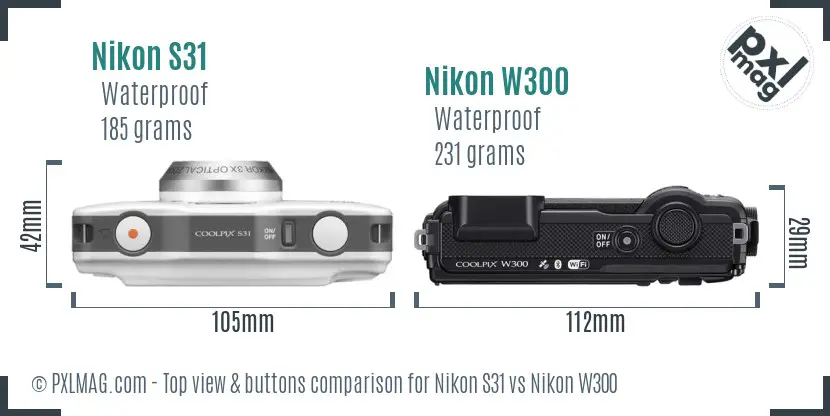 Nikon S31 vs Nikon W300 top view buttons comparison