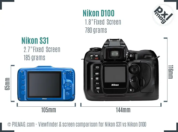 Nikon S31 vs Nikon D100 Screen and Viewfinder comparison