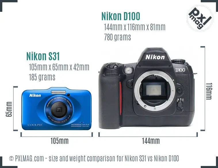 Nikon S31 vs Nikon D100 size comparison