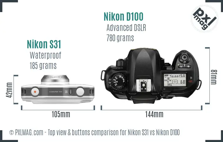 Nikon S31 vs Nikon D100 top view buttons comparison