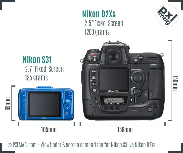 Nikon S31 vs Nikon D2Xs Screen and Viewfinder comparison