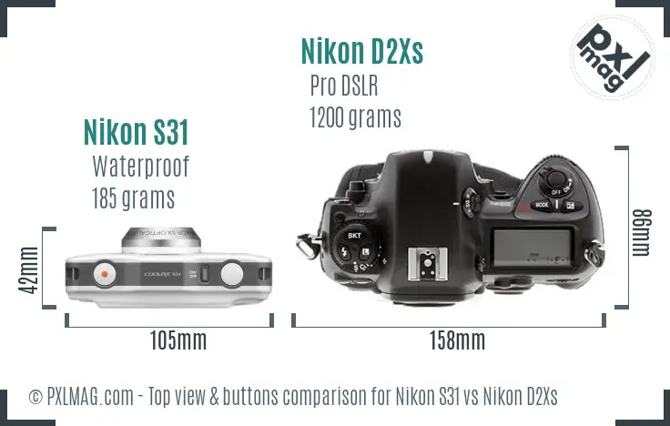 Nikon S31 vs Nikon D2Xs top view buttons comparison