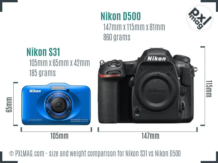 Nikon S31 vs Nikon D500 size comparison