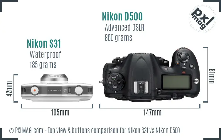 Nikon S31 vs Nikon D500 top view buttons comparison
