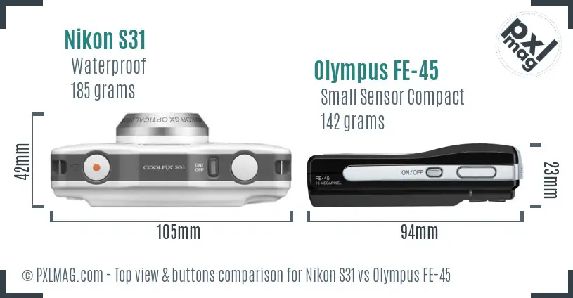 Nikon S31 vs Olympus FE-45 top view buttons comparison
