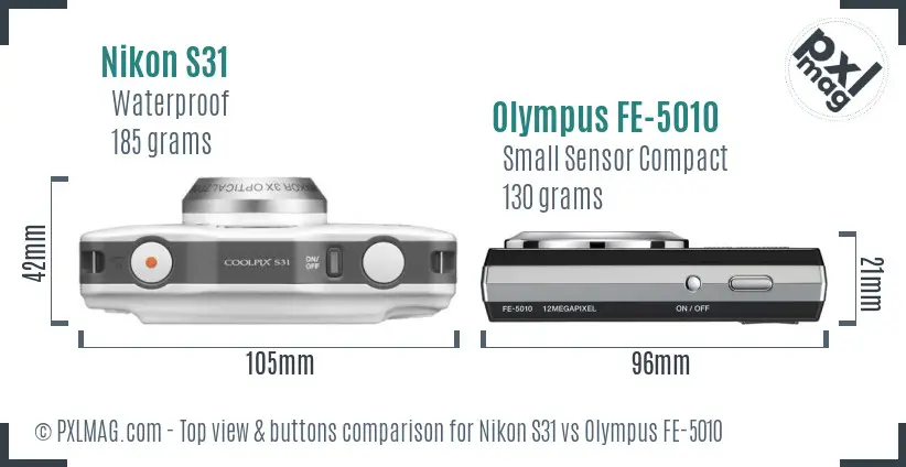 Nikon S31 vs Olympus FE-5010 top view buttons comparison