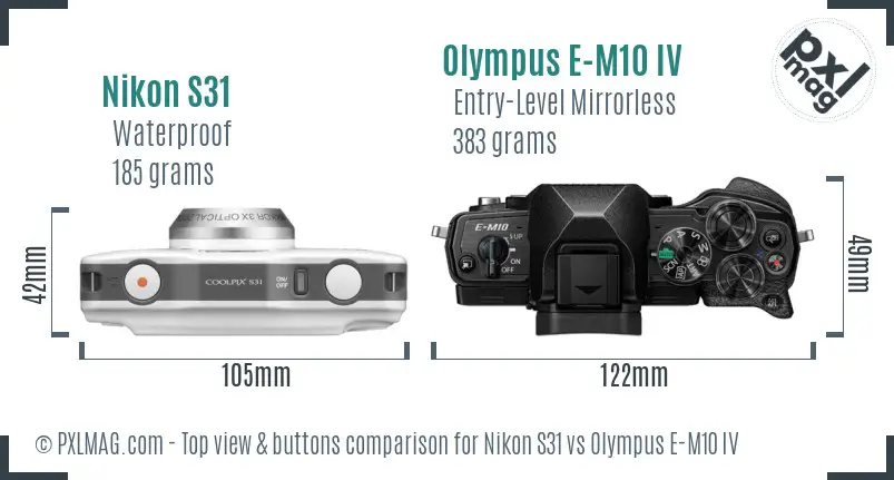 Nikon S31 vs Olympus E-M10 IV top view buttons comparison