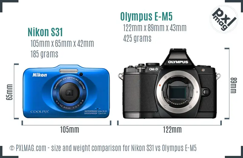 Nikon S31 vs Olympus E-M5 size comparison