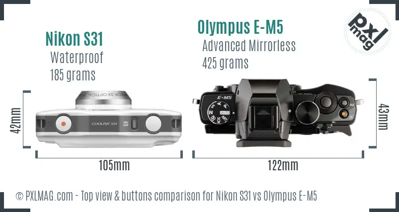 Nikon S31 vs Olympus E-M5 top view buttons comparison