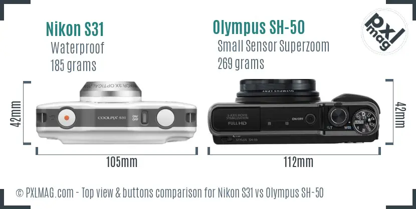 Nikon S31 vs Olympus SH-50 top view buttons comparison