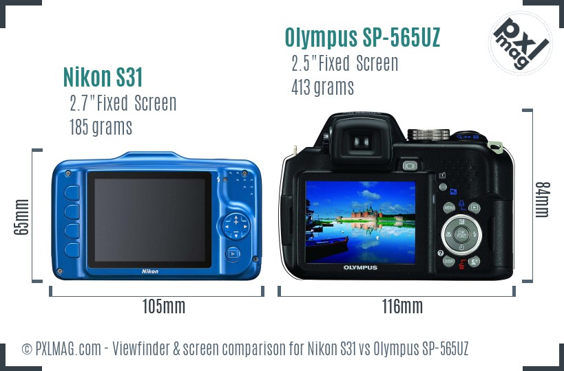 Nikon S31 vs Olympus SP-565UZ Screen and Viewfinder comparison
