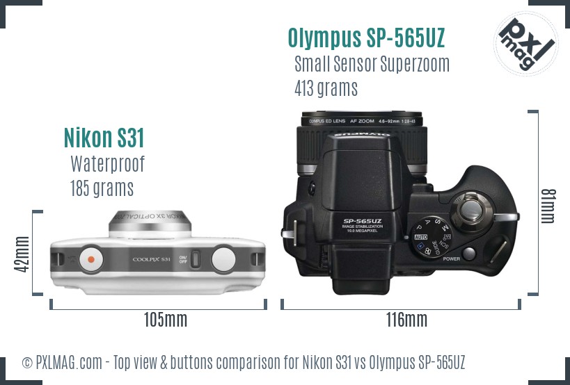 Nikon S31 vs Olympus SP-565UZ top view buttons comparison