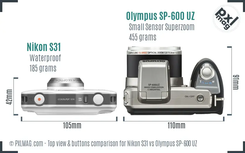 Nikon S31 vs Olympus SP-600 UZ top view buttons comparison