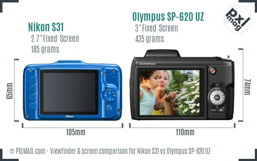 Nikon S31 vs Olympus SP-620 UZ Screen and Viewfinder comparison