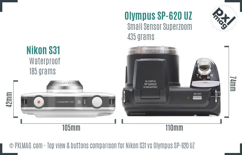 Nikon S31 vs Olympus SP-620 UZ top view buttons comparison