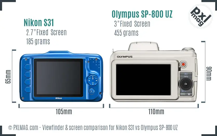 Nikon S31 vs Olympus SP-800 UZ Screen and Viewfinder comparison