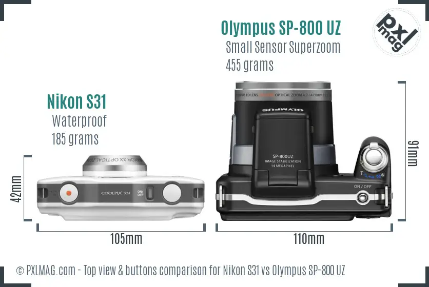 Nikon S31 vs Olympus SP-800 UZ top view buttons comparison