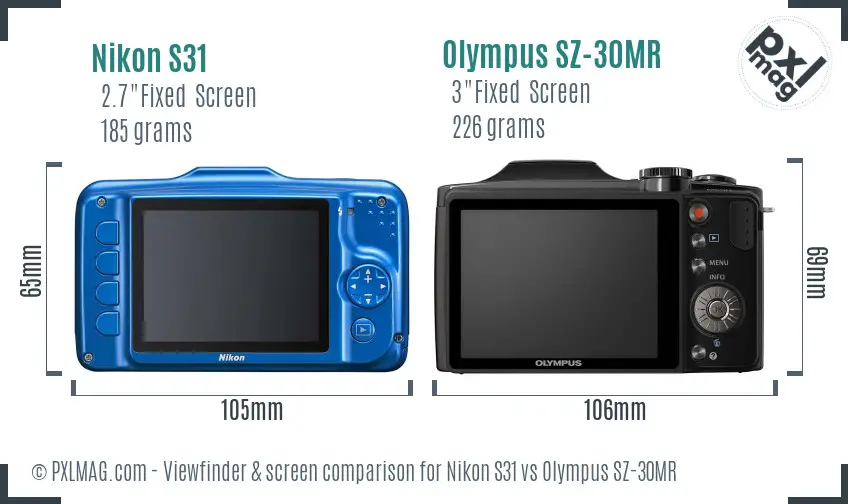 Nikon S31 vs Olympus SZ-30MR Screen and Viewfinder comparison