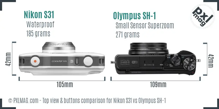 Nikon S31 vs Olympus SH-1 top view buttons comparison