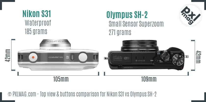 Nikon S31 vs Olympus SH-2 top view buttons comparison