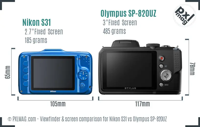 Nikon S31 vs Olympus SP-820UZ Screen and Viewfinder comparison