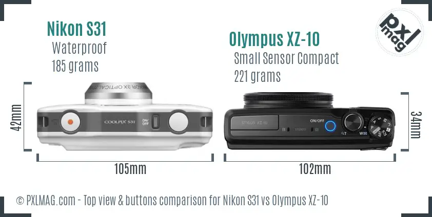 Nikon S31 vs Olympus XZ-10 top view buttons comparison Nikon S31 vs Olympus XZ-10 top view buttons comparison