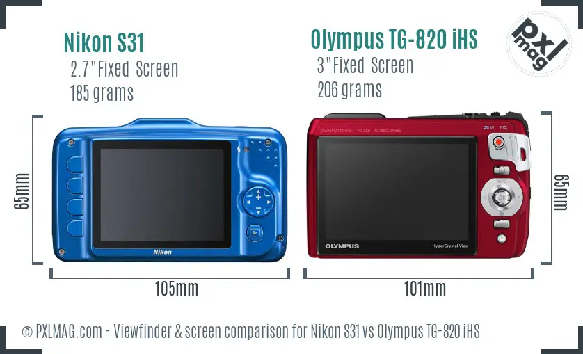 Nikon S31 vs Olympus TG-820 iHS Screen and Viewfinder comparison