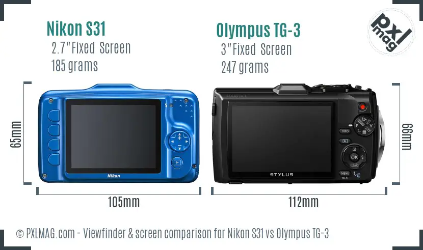 Nikon S31 vs Olympus TG-3 Screen and Viewfinder comparison