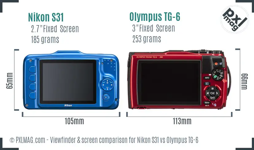 Nikon S31 vs Olympus TG-6 Screen and Viewfinder comparison
