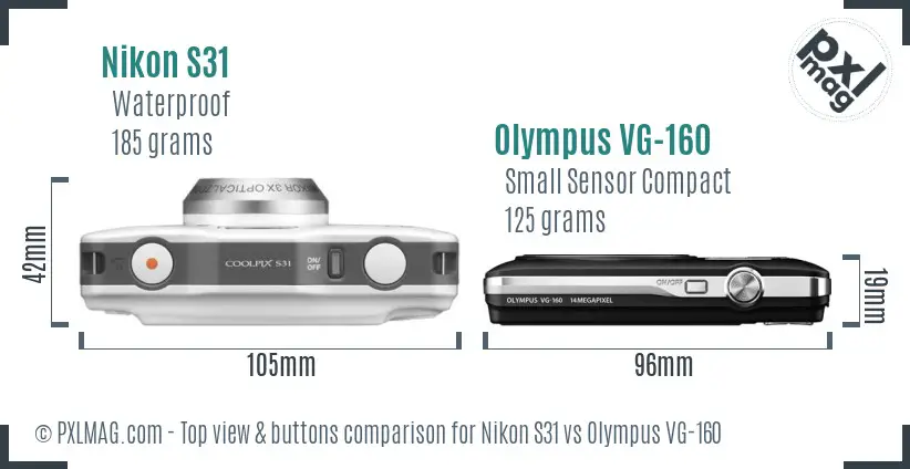 Nikon S31 vs Olympus VG-160 top view buttons comparison Nikon S31 vs Olympus VG-160 top view buttons comparison