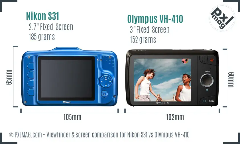 Nikon S31 vs Olympus VH-410 Screen and Viewfinder comparison