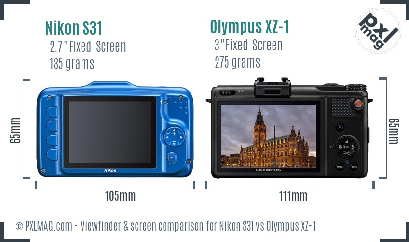 Nikon S31 vs Olympus XZ-1 Screen and Viewfinder comparison