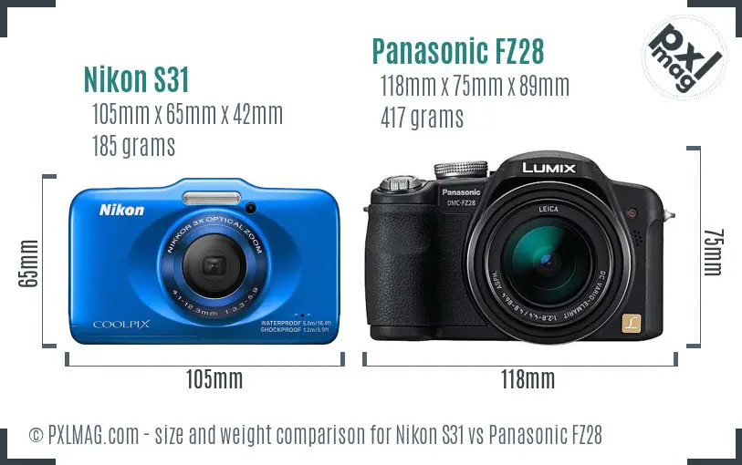 Nikon S31 vs Panasonic FZ28 size comparison Nikon S31 vs Panasonic FZ28 size comparison